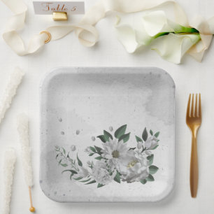 romantic white flowers & green leaves paper plate