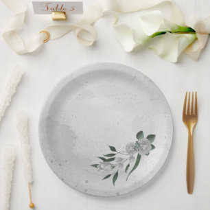 romantic white flowers & green leaves paper plate