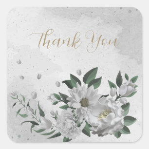 romantic white flowers & green leaves square sticker