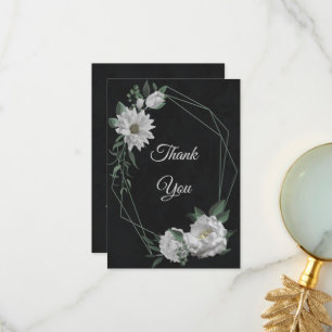 romantic white flowers greenery black thank you card