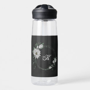 romantic white flowers greenery black water bottle