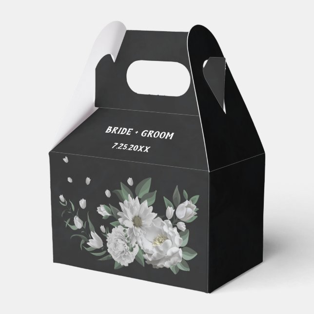 romantic white flowers greenery black wedding favor box (Front Side)