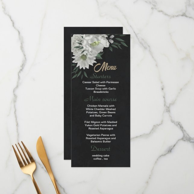 romantic white flowers greenery black wedding menu (Front/Back In Situ)
