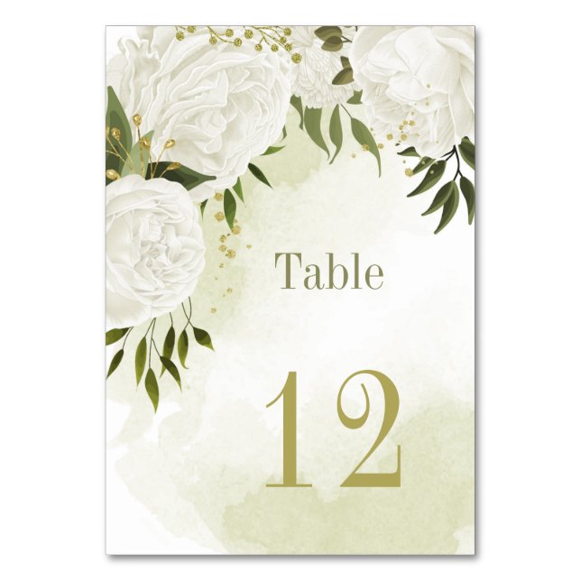 Romantic white flowers greenery botanical table number (Front)