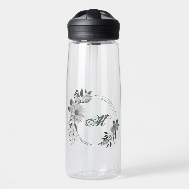 romantic white flowers greenery water bottle (Front)