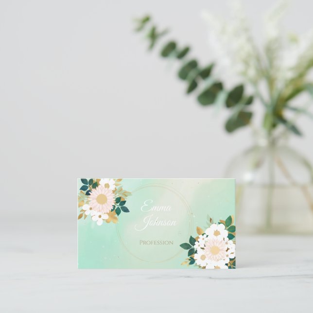 Romantic White Flowers Mint Watercolor Design Business Card (Standing Front)