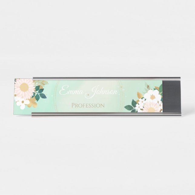 Romantic White Flowers Mint Watercolor Design Desk Name Plate (Front)
