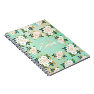 Romantic White Flowers Mint Watercolor Design Notebook