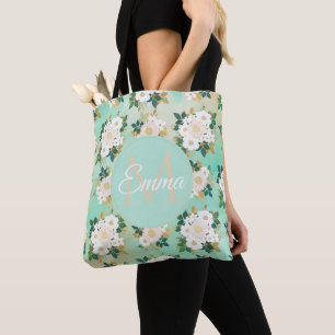 Romantic White Flowers Mint Watercolor Design Tote Bag