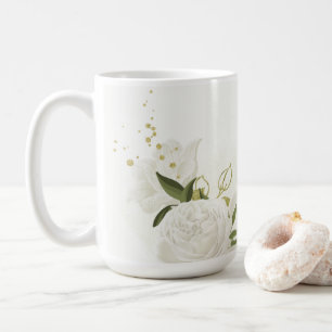 romantic white flowers with pretty green leaves coffee mug