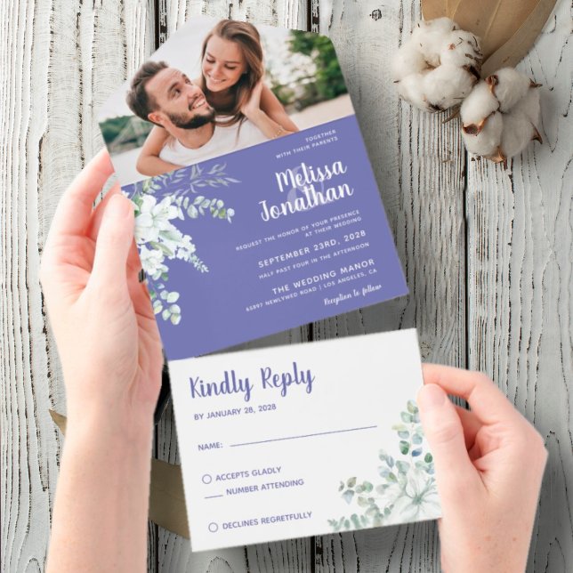 Romantic white gentle flower purple photo wedding all in one invitation (Creator Uploaded)