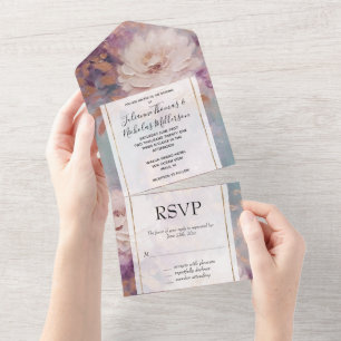 Romantic White Gold Purple Floral Wedding All In One Invitation