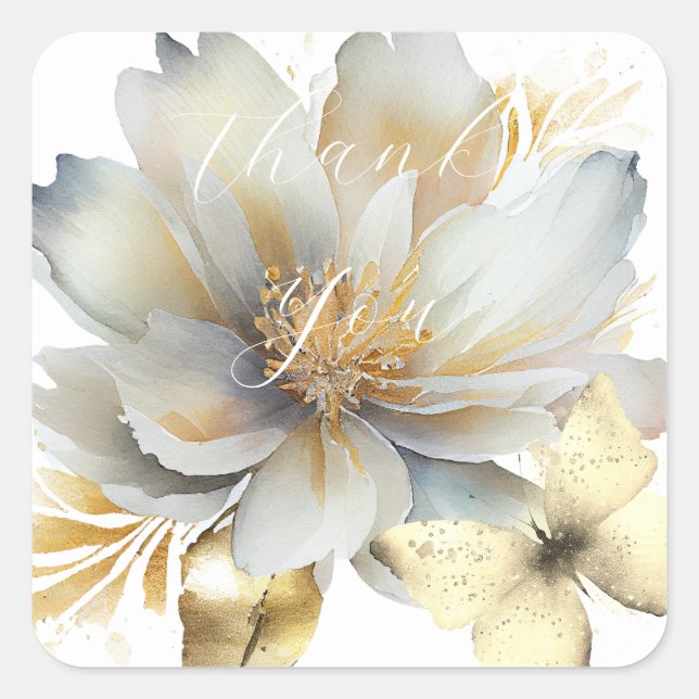 Romantic white golden flowers thank you  square sticker (Front)