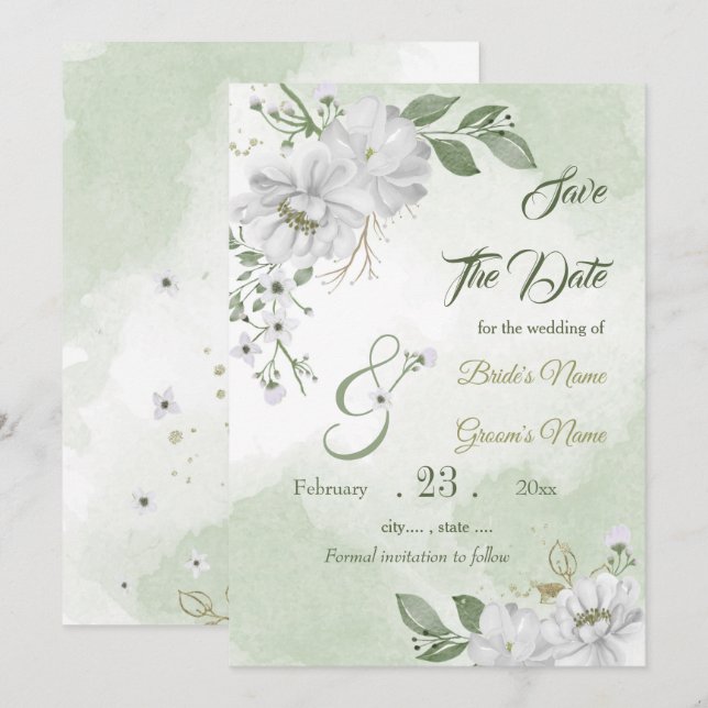 Romantic white greenery floral save the date (Front/Back)