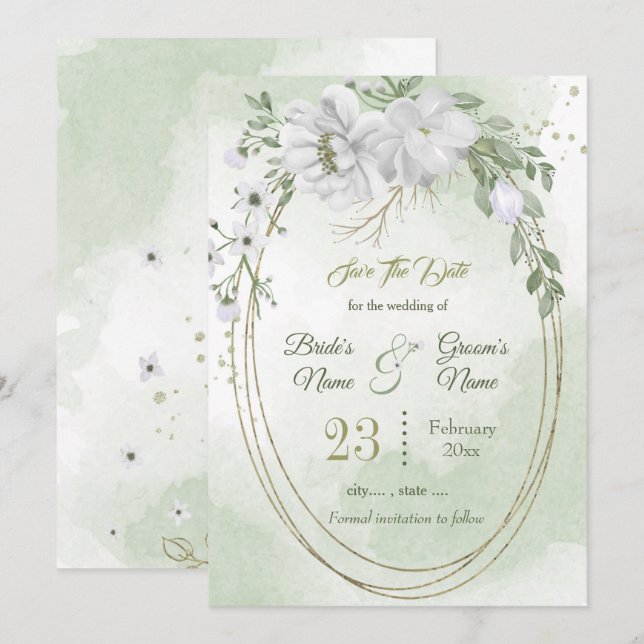 Romantic white greenery oval frame  save the date (Front/Back)