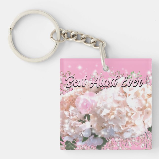 Romantic white lace hydrangeas pink roses Aunt Keychain (Front)