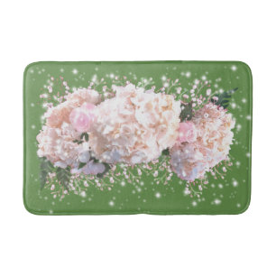 Romantic white lace hydrangeas, pink roses bath mat