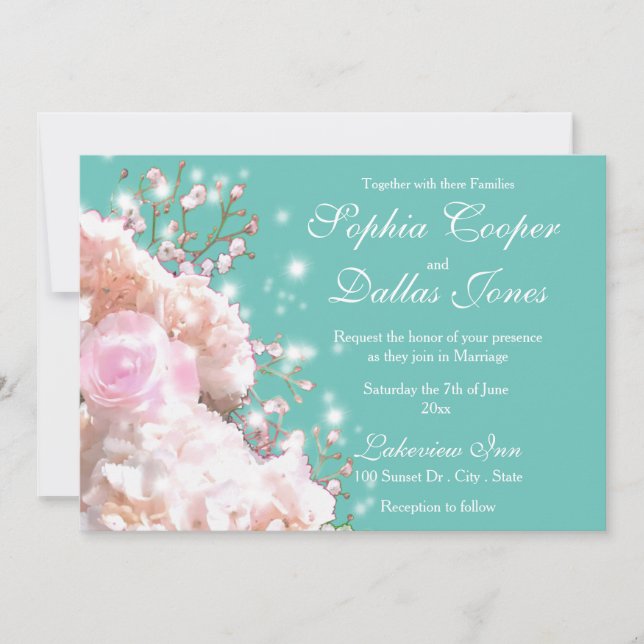 Romantic white lace hydrangeas pink roses invitation (Front)