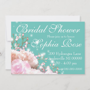 Romantic white lace hydrangeas pink roses invitation