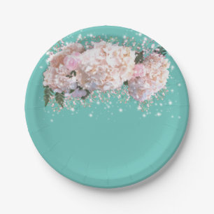 Romantic white lace hydrangeas pink roses paper plate