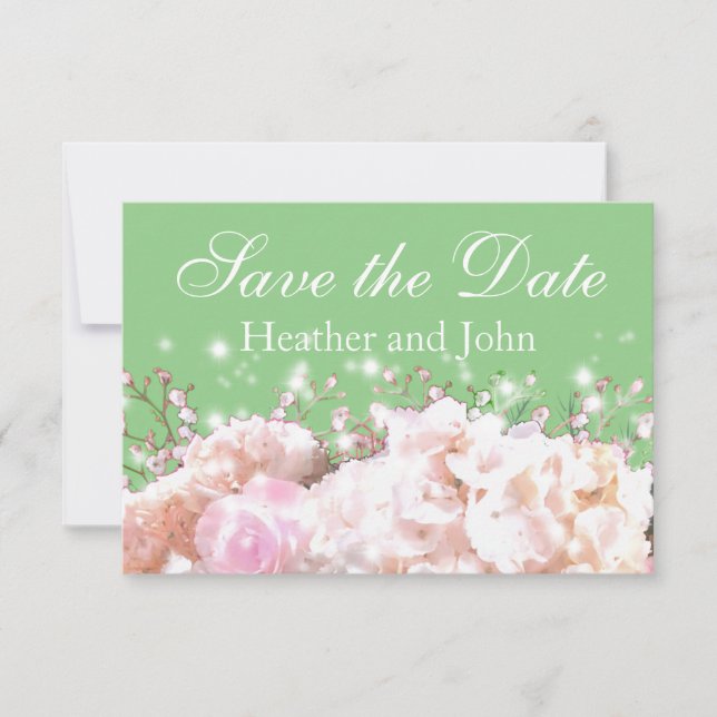 Romantic white lace hydrangeas pink roses save the date (Front)