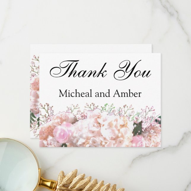 Romantic white lace hydrangeas pink roses  thank you card (Front/Back In Situ)