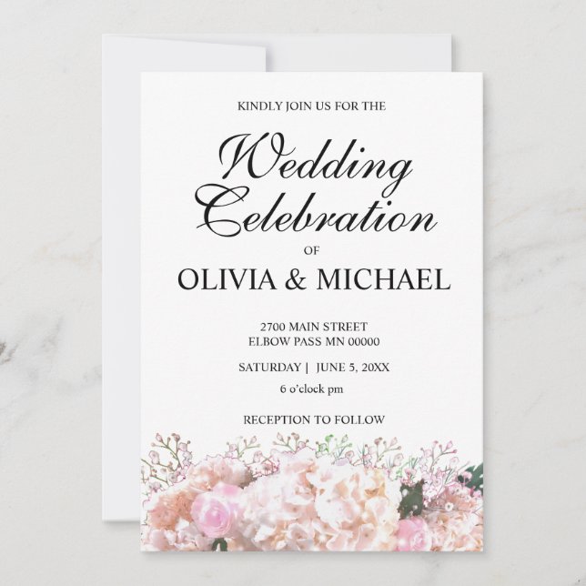 Romantic white lace hydrangeas pink roses Wedding  Invitation (Front)