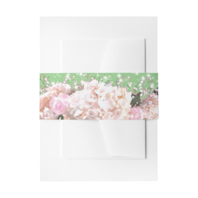 Romantic white lace hydrangeas pink roses Wedding Invitation Belly Band (Front Example)
