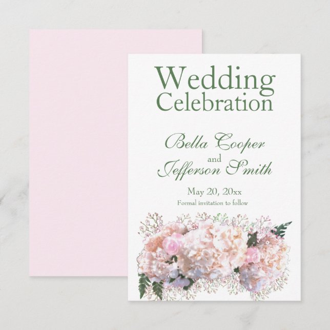 Romantic white lace hydrangeas pink toses save the date (Front/Back)