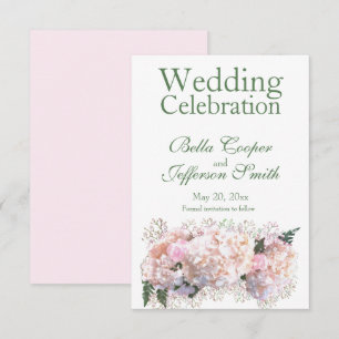 Romantic white lace hydrangeas pink toses save the date