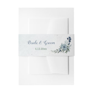 romantic white navy & dusty blue flowers wedding invitation belly band