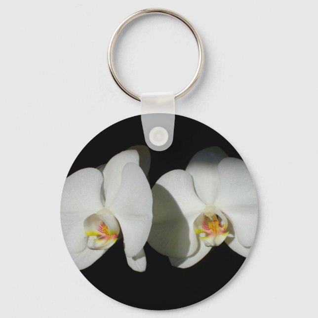 Romantic White Orchids, tropical floral photo Keychain (Front)