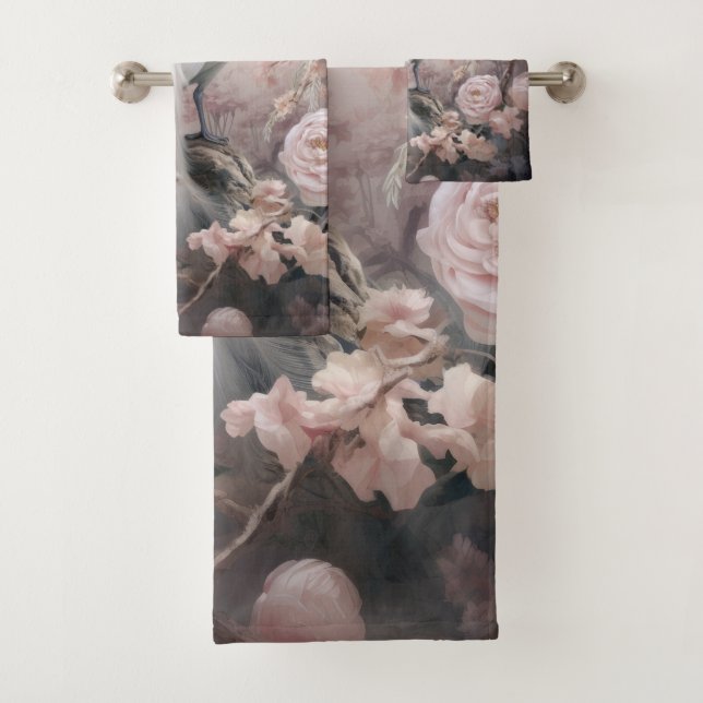 Romantic White Peacock and Blush Pink Flowers Bath Towel Set (Insitu)