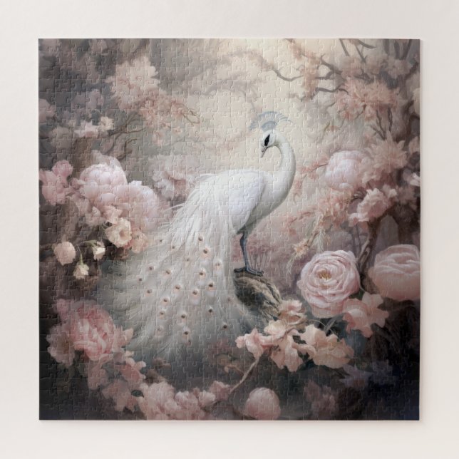 Romantic White Peacock and Blush Pink Flowers Jigsaw Puzzle (Vertical)