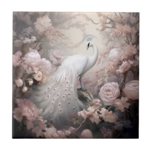 Romantic White Peacock and Blush Pink Flowers Tile