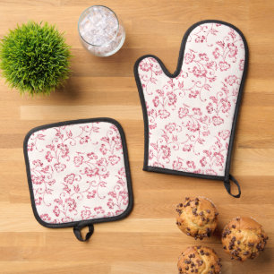 Romantic White Pink Glitter Floral Oven Mitt & Pot Holder Set