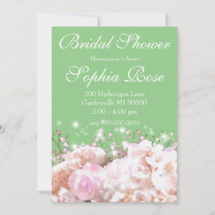 Romantic white pink hydrangeas, pink white flowers invitation
