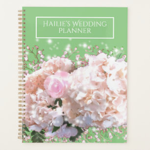 Romantic white pink hydrangeas, pink white flowers planner
