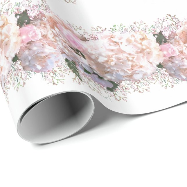 Romantic white pink hydrangeas, pink white flowers wrapping paper (Roll Corner)