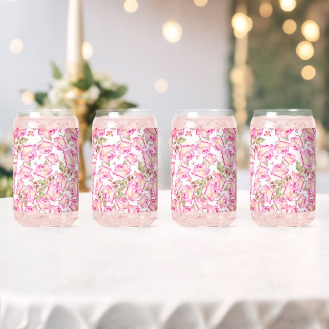 Romantic white pink yellow summer rose floral can glass (Insitu (Wedding))