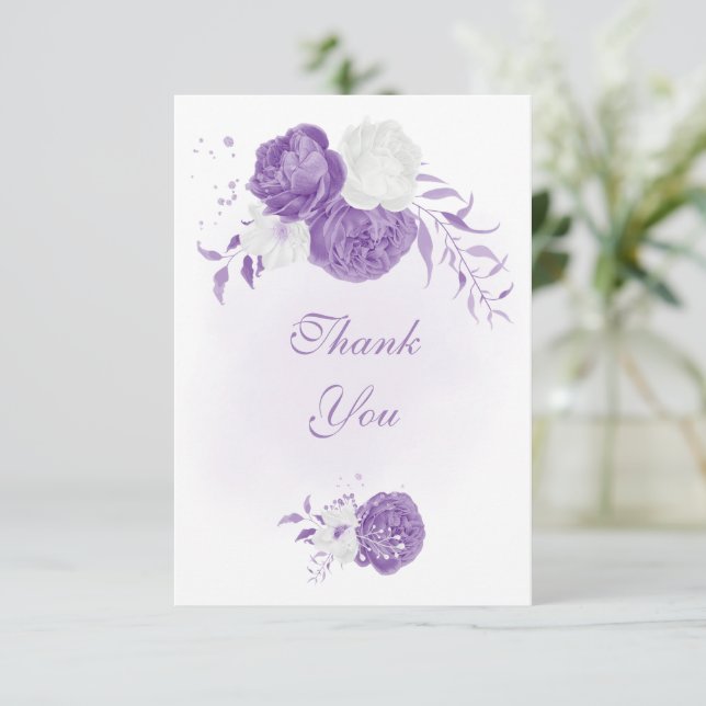 romantic white purple botanical wedding thank you card (Standing Front)
