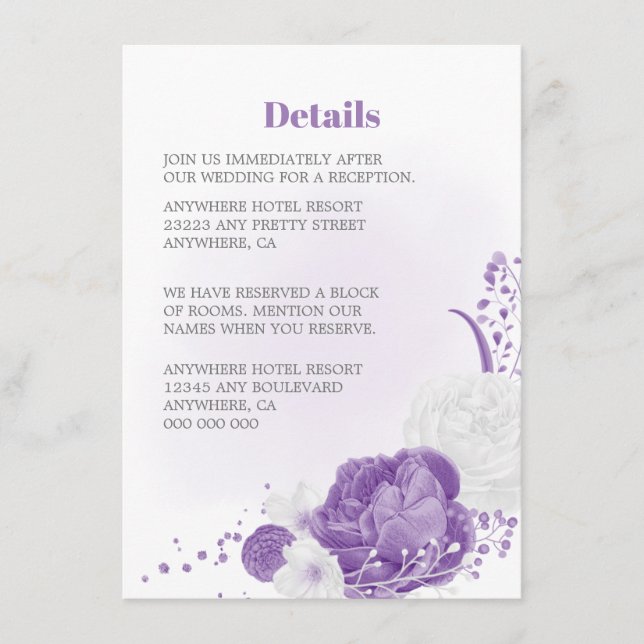 romantic & white purple floral wedding details enclosure card (Front)