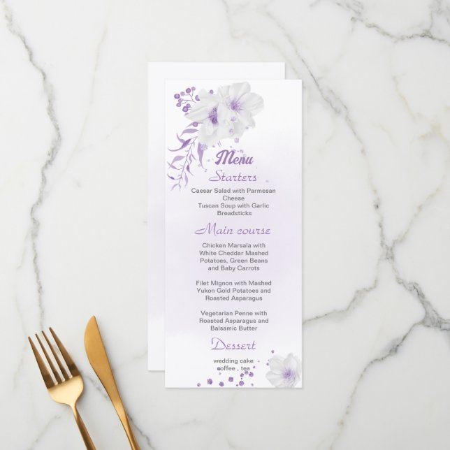 romantic & white purple floral wedding menu (Front/Back In Situ)