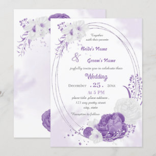 romantic white & purple flowers geometric wedding  invitation