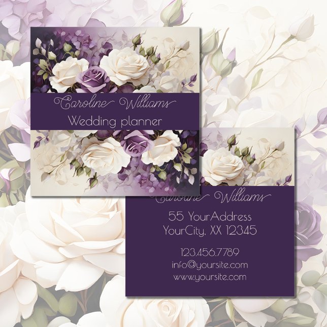 Romantic White Purple Roses wedding planner Square Business Card (Creator Uploaded)