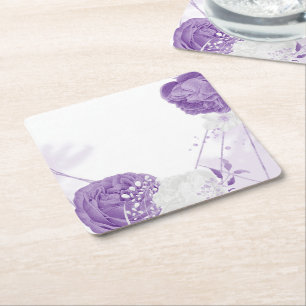 romantic white & purple wedding square paper coaster