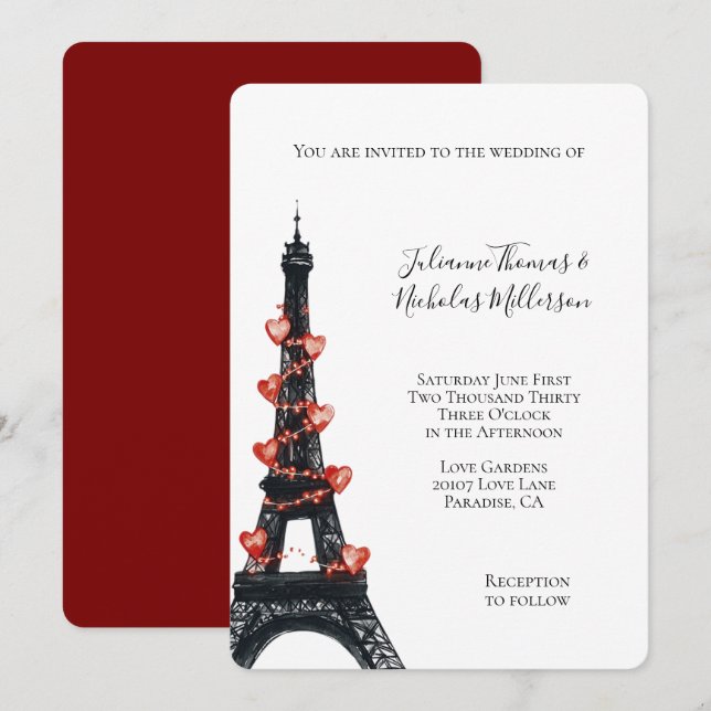 Romantic White Red Hearts Eiffel Tower Wedding Invitation (Front/Back)