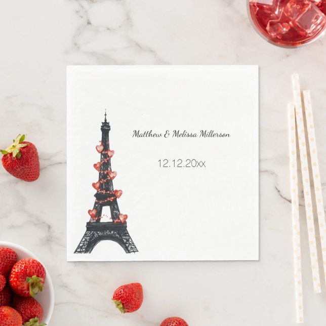 Romantic White Red Hearts Eiffel Tower Wedding Napkin (Insitu)