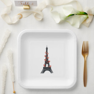 Romantic White Red Hearts Eiffel Tower Wedding Paper Plate