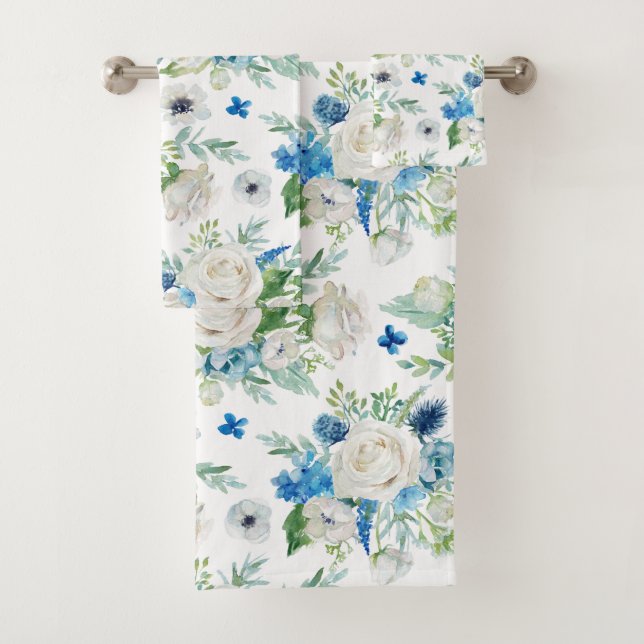 Romantic White Rose & Blue Floral Pattern Bath Towel Set (Insitu)